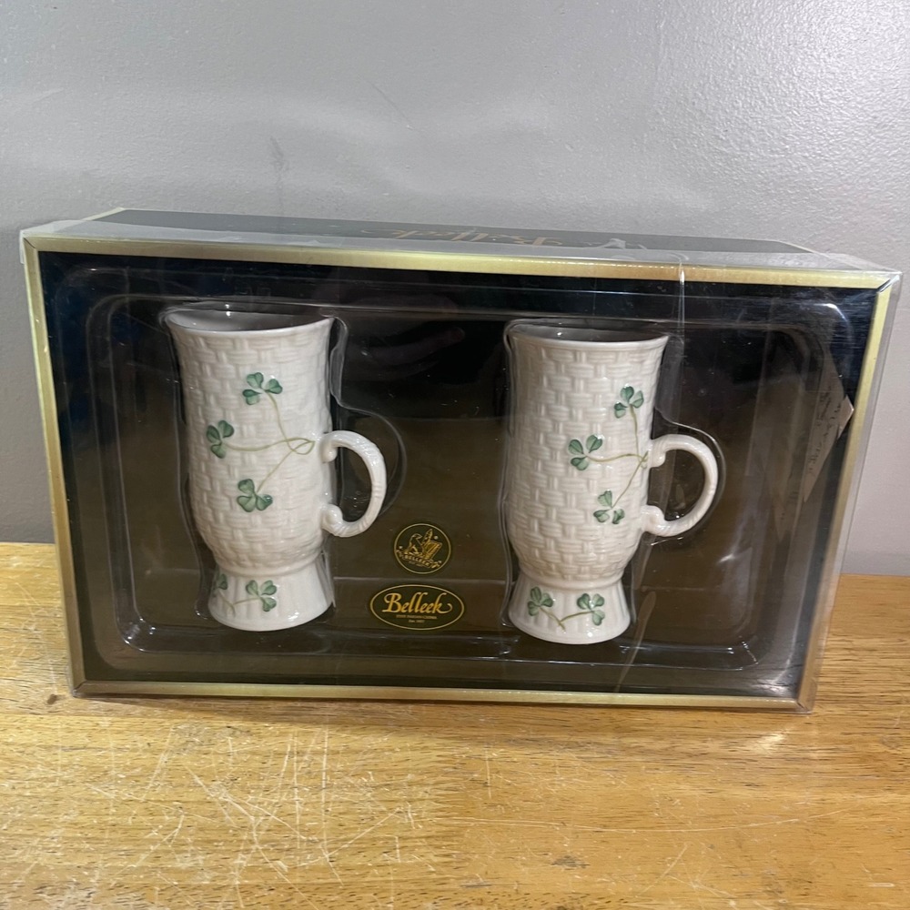 Belleek Irish Coffee Mug Pair Vtg Cream Green Shamrock Basketweave China Set 2